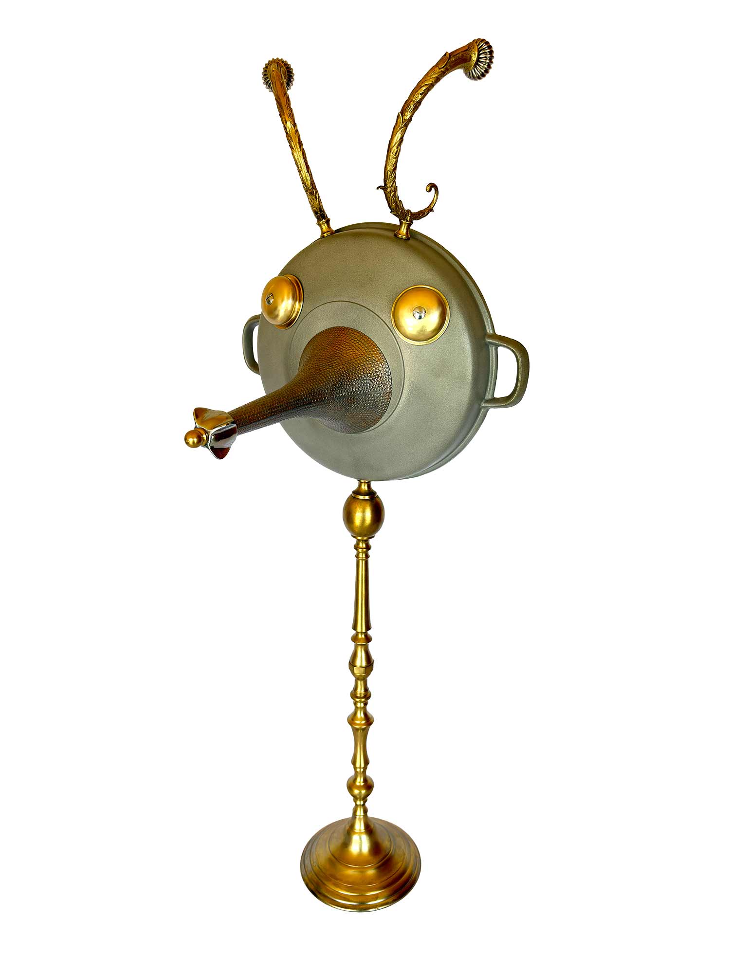 Faun figure made from a saucepan with taps for eyes, on a lamp base - main view