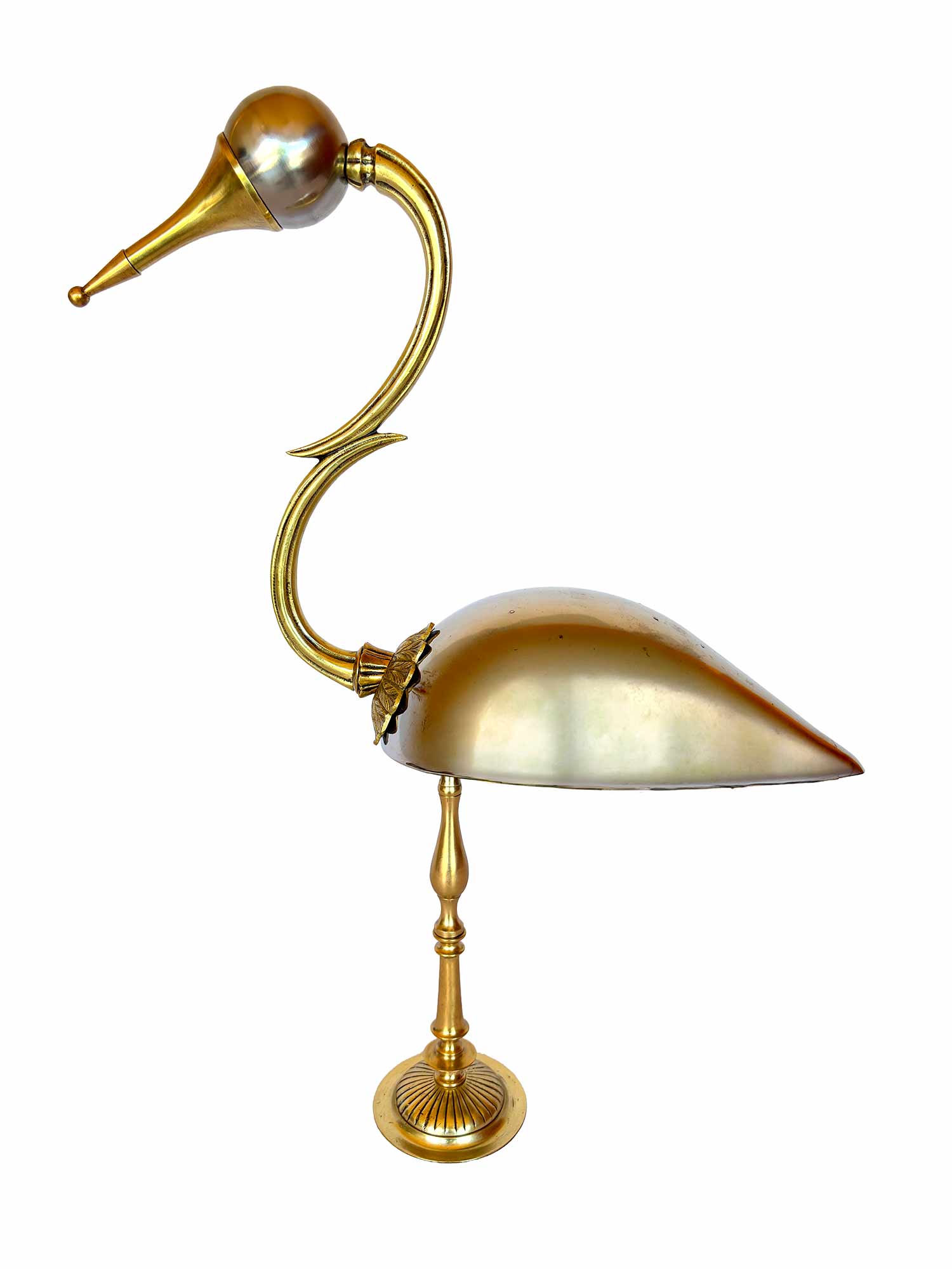 Sculptural bird made from a silver-plated salt cellar and pieces of a gilded candlestick - side view