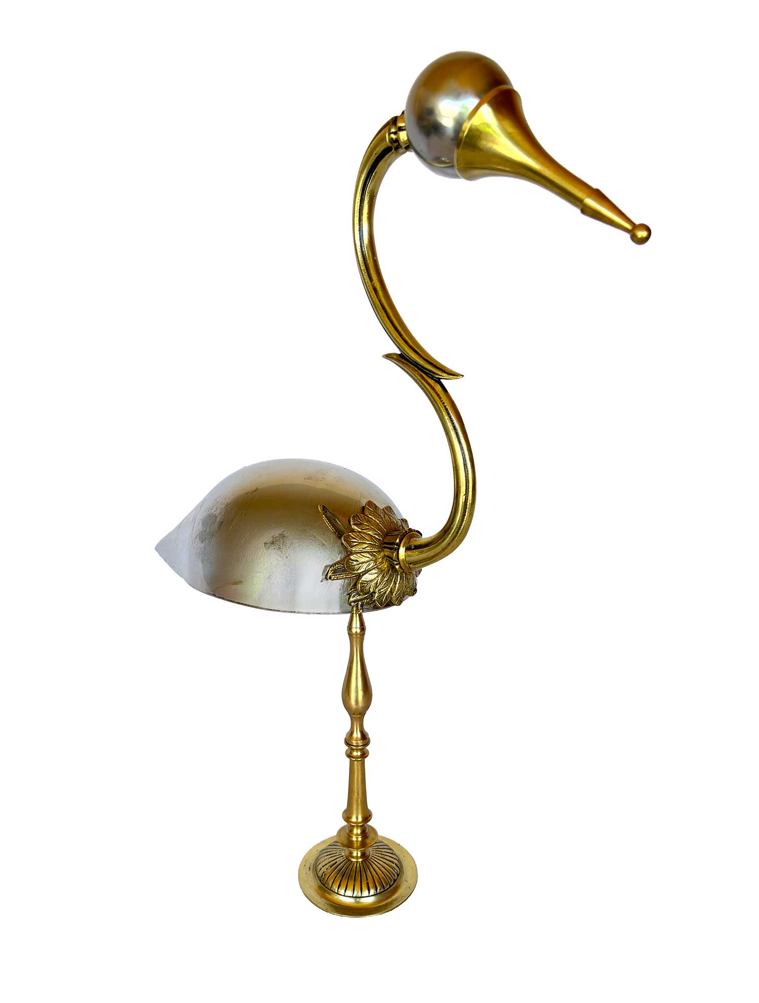 Sculptural bird made from a silver-plated salt cellar and pieces of a gilded candlestick - side view
